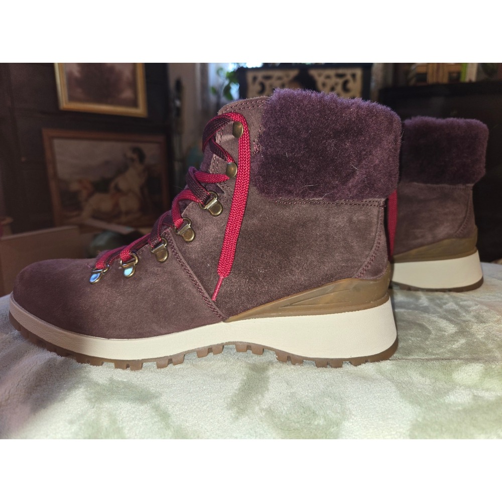Bionica Diablo All Weather Suede Hiking Boots Plum Burgundy Faux Fur Trim Women - Picture 2 of 8